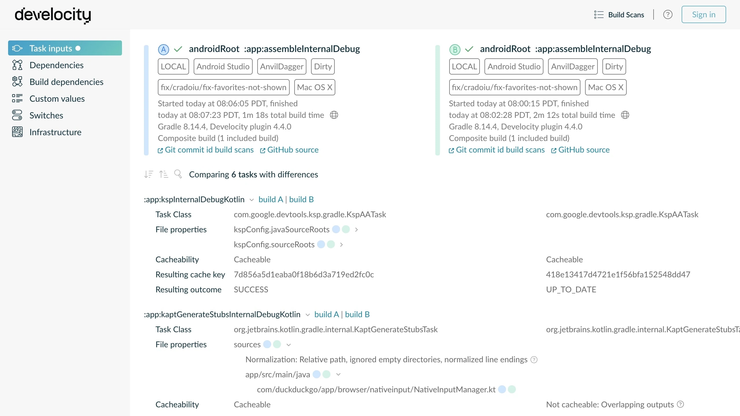 A Build Scan comparison of two Android builds, highlighting the single changed input that caused a cache miss.