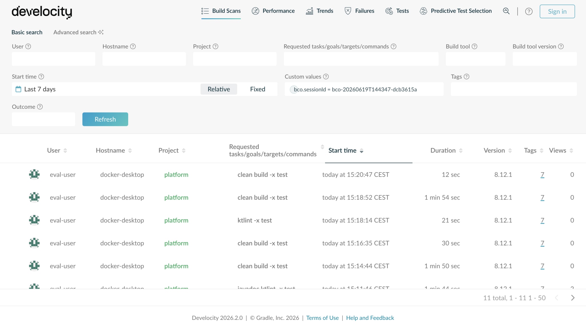 A Develocity Build Scans list filtered by one run's session id, showing every build a single Build Caching Optimizer run produced, each attributed to the agent.