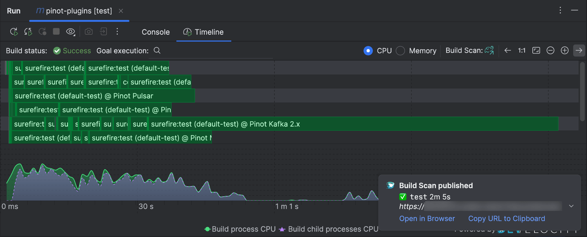 Live build timeline for a Maven build