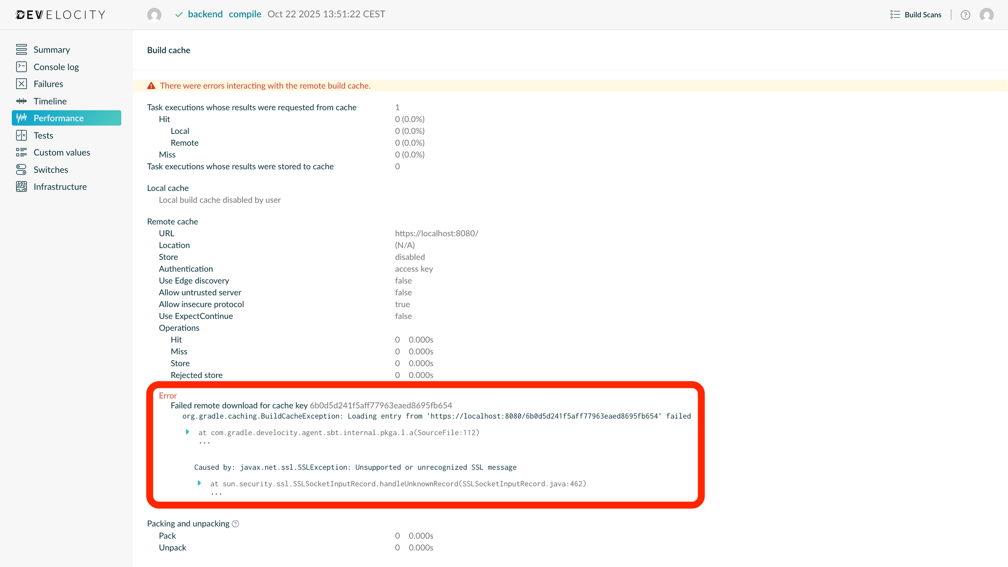 Diagnose remote build cache errors in Build Scan for sbt
