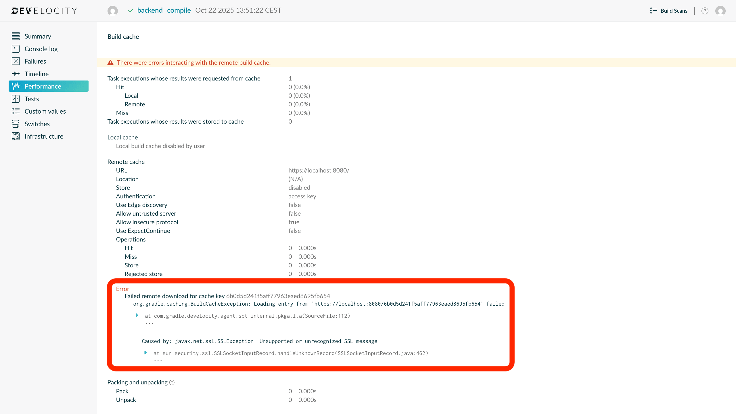 Diagnose remote build cache errors in Build Scan for sbt