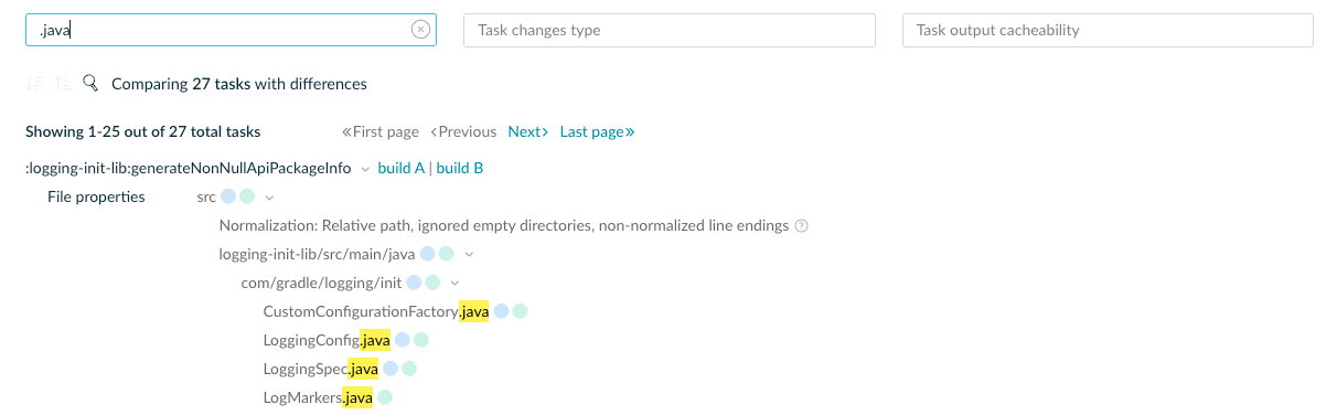 Deep nested filtering on the Build Scan comparison page