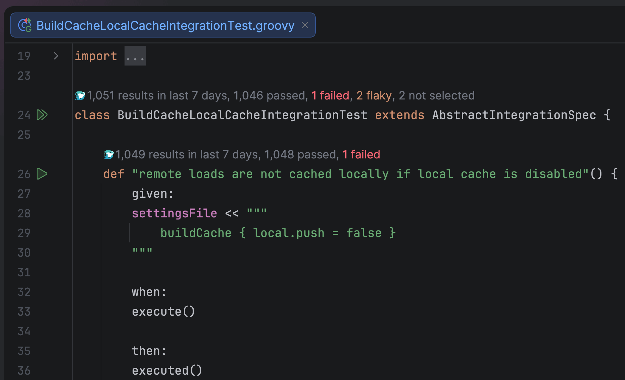 Groovy test source file with test history inlays for test class and methods added by the Develocity IntelliJ plugin