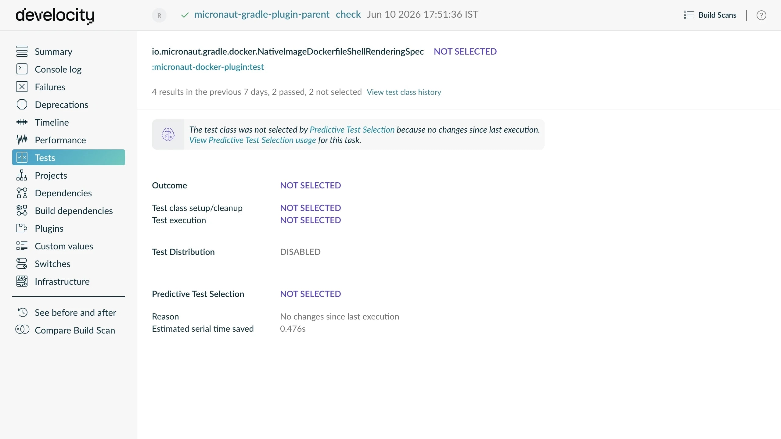 A single skipped test class in a Build Scan, showing its not-selected reason and estimated time saved.