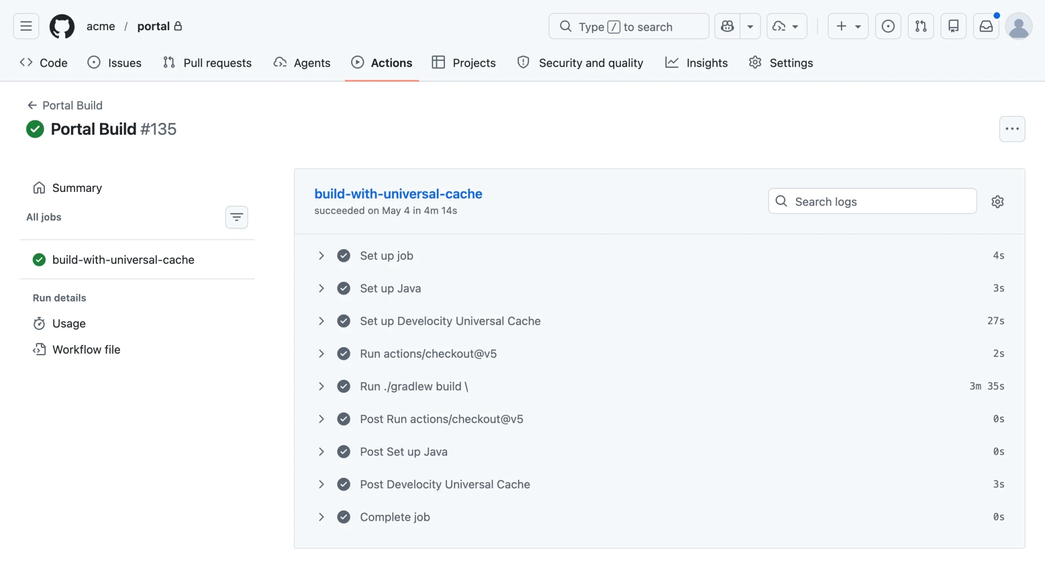 GitHub Actions job log showing Develocity Artifact Cache Restore and Store steps wrapping an unmodified Gradle build.