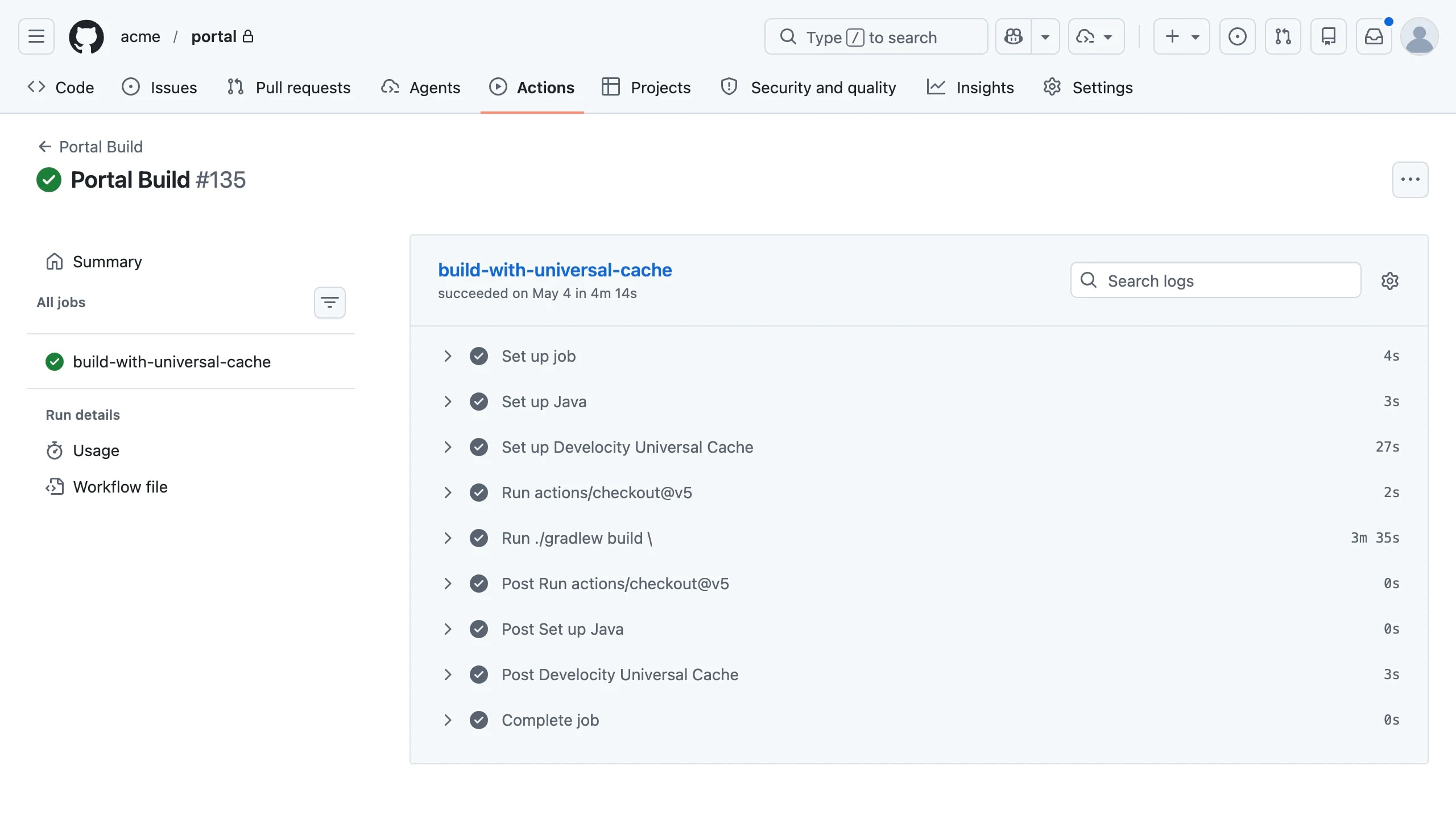 GitHub Actions job log showing Develocity Artifact Cache Restore and Store steps wrapping an unmodified Gradle build.